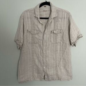 Bohio Linen Striped Button Front Shirt Cream Tan Button Detail Size Large
